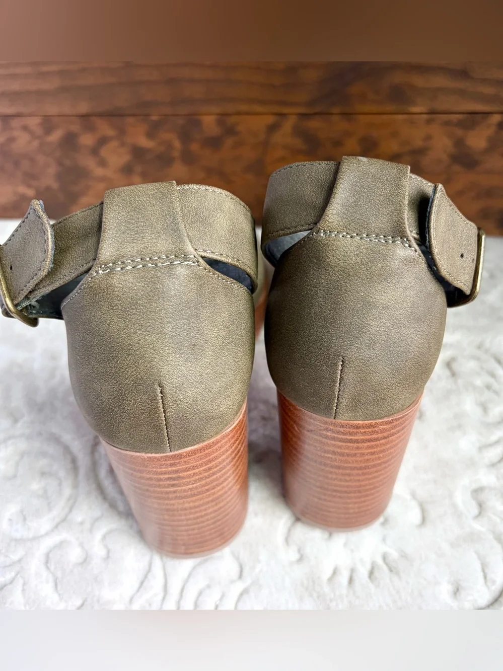 HOUSE OF HARLOW 1960 Sz 8.5M Green Platform Block Heel Earthy Boho Chic - Picture 13 of 16